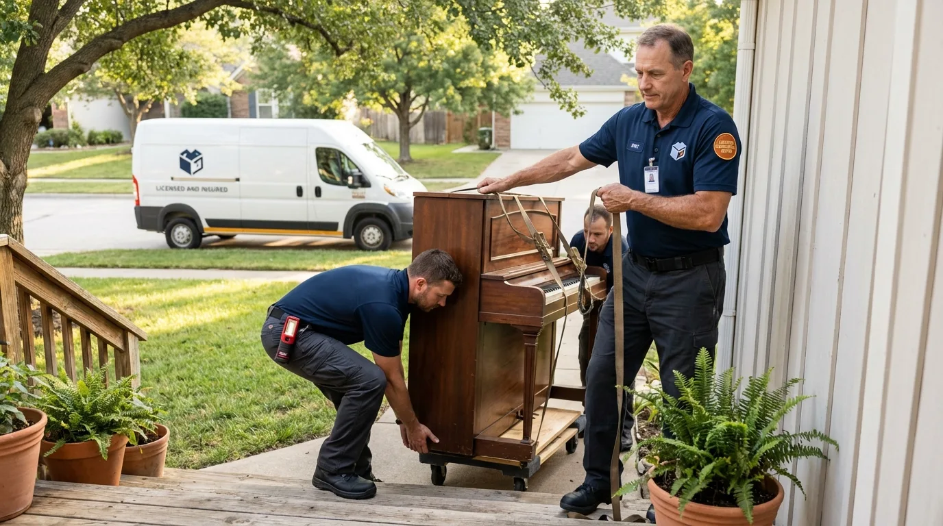 Licensed piano movers securing grand piano in Califon, NJ