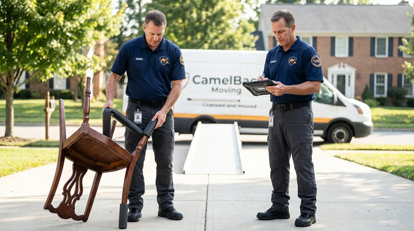Movers inspecting furniture for damage prevention before loading in Califon, NJ
