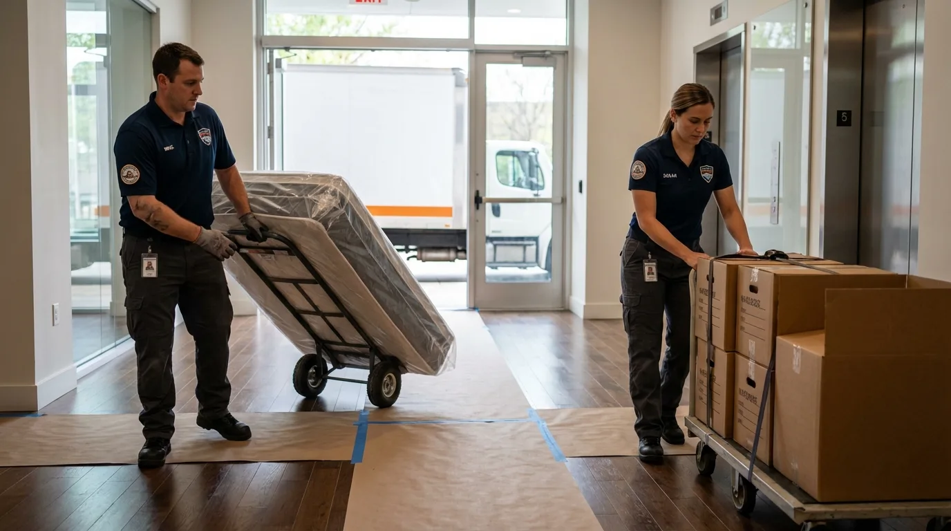 Professional apartment movers loading elevator in Califon, NJ