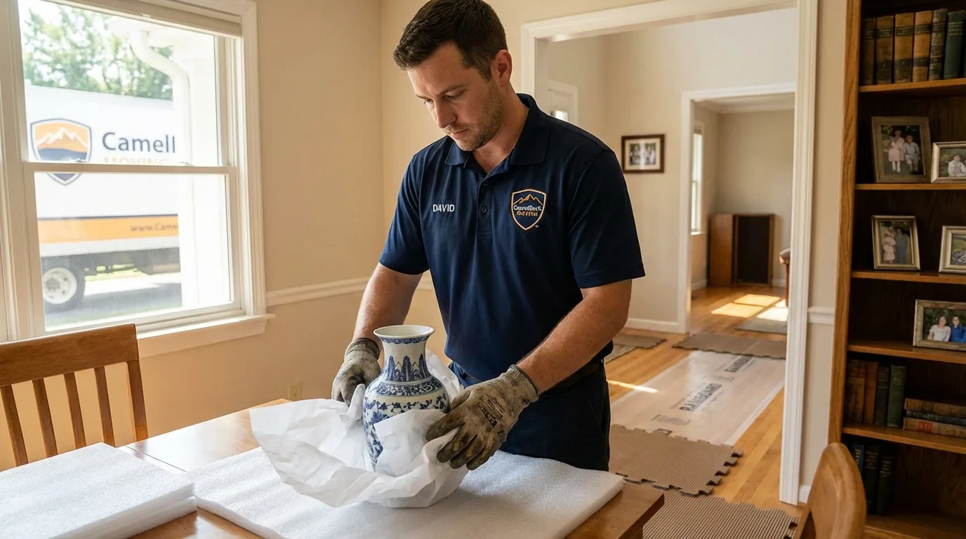 Professional crew carefully wrapping antique vase for senior downsizing move in Califon, NJ